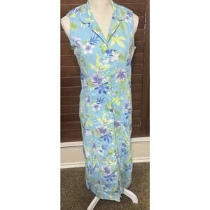 Erika Vintage Maxi Dress Size M Tropical Hawaiian Floral Sleeveless Blue 90s